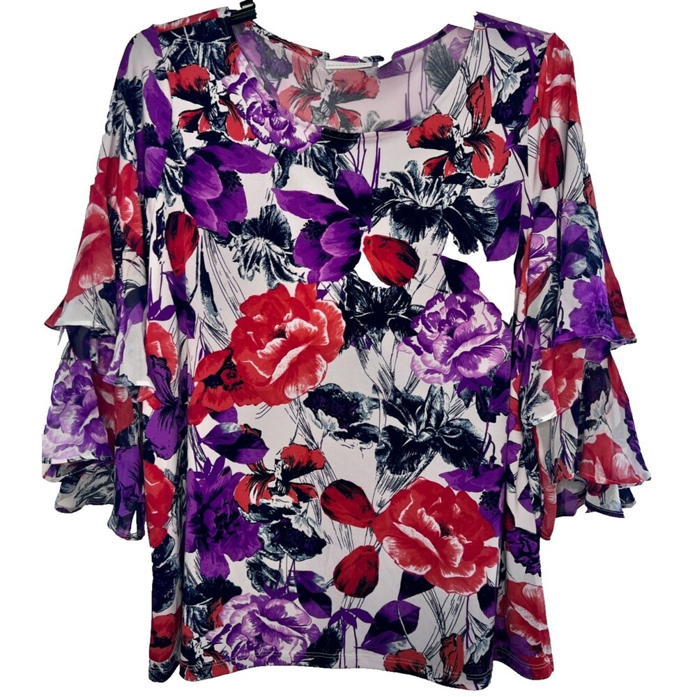 Susan Graver Floral Multi Flutter Sleeve Split Size XL